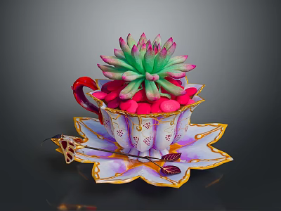 Decorative Colorful Cup With Saucer Holding Green Pink Succulent Plant And Red Pebbles 3d model