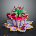 Decorative Colorful Cup With Saucer Holding Green Pink Succulent Plant And Red Pebbles