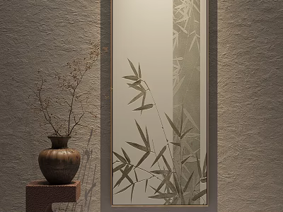 Traditional Chinese Screen with Bamboo Pattern and Ceramic Vase on Wooden Stand Against Textured Wall 3d model