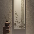 Traditional Chinese Screen with Bamboo Pattern and Ceramic Vase on Wooden Stand Against Textured Wall