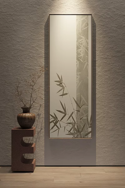 Traditional Chinese Screen with Bamboo Pattern and Ceramic Vase on Wooden Stand Against Textured Wall 3d model