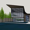 Modern Architectural Building With Curved Roof Pool Walkway And Green Trees