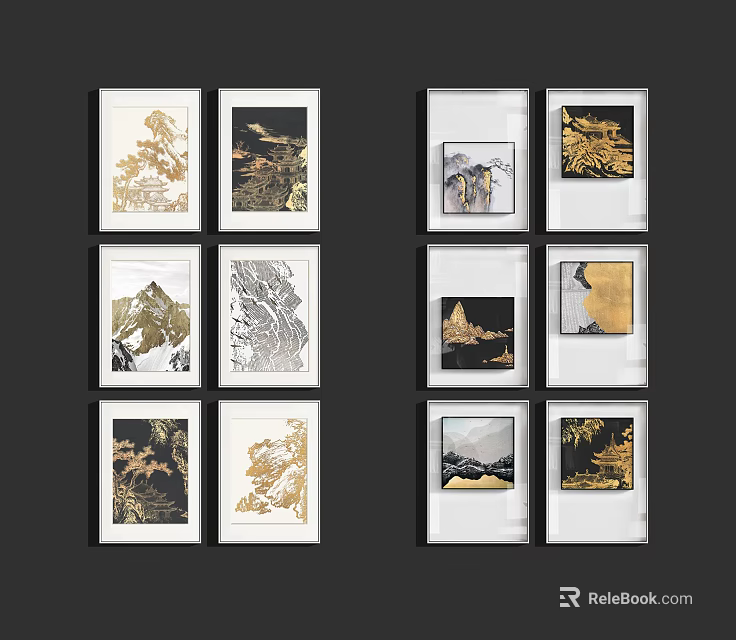 Set of Framed Abstract Paintings Featuring Gold Black Diverse Art Designs 3d model 