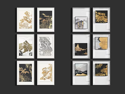 Set of Framed Abstract Paintings Featuring Gold Black Diverse Art Designs 3d model