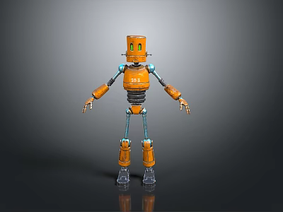Orange Robot Game Movie Character With Green Eyes Blue Joints Transparent Feet Mechanical Design 3d model