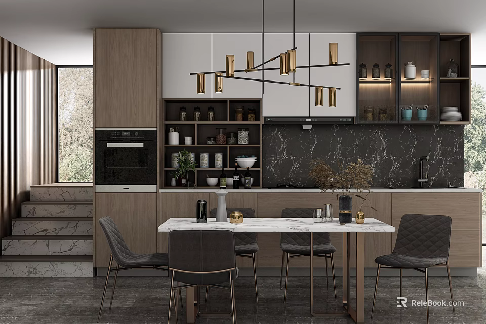 Modern Restaurant Interior With Dining Table Chairs Pendant Lights And Marble Wall 3d model