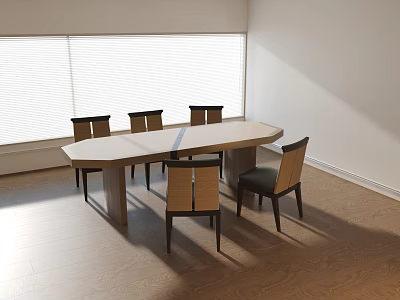 Modern Minimalist Wooden Dining Table Set With Six Matching Chairs For Sunlit Home Dining Area 3d model