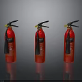 Three Red Fire Extinguishers with Yellow Nozzles on Black Reflective Surface