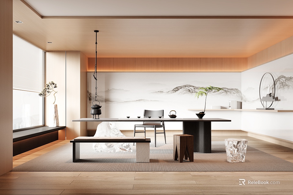 Modern Minimalist Tea Room Interior With Wooden Furniture Tea Set And Landscape Painting 3d model 