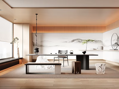 Modern Minimalist Tea Room Interior With Wooden Furniture Tea Set And Landscape Painting 3d model