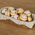 Cozy Dessert Shop Fresh Donuts With Powdered Sugar Served In Wicker Basket On Wooden Table