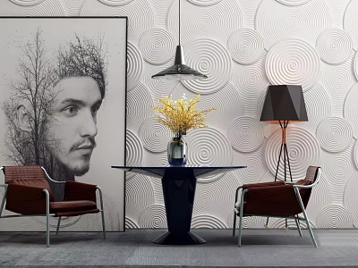 Modern Stylish Casual Sofa Set Interior With Artistic Circular Wall And Decorative Lamp 3d model