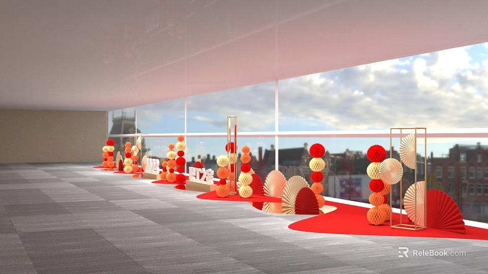 Indoor Celebration Setup With Red Orange Balloons Fan Shaped Decorations And Large Windows 3d model 