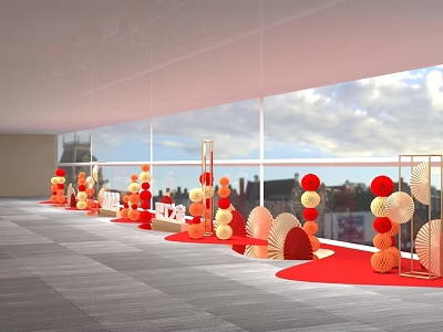 Indoor Celebration Setup With Red Orange Balloons Fan Shaped Decorations And Large Windows 3d model