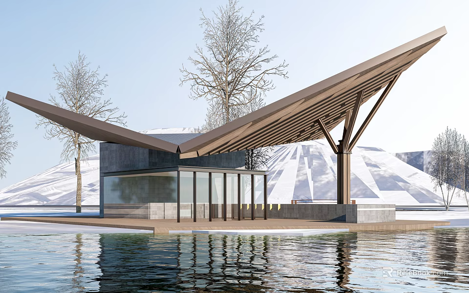 Modern Visitor Center With Glass Walls And Wooden Roof By Waterfront Trees And Snow Mountain 3d model 