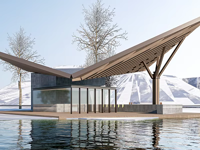 Modern Visitor Center With Glass Walls And Wooden Roof By Waterfront Trees And Snow Mountain 3d model