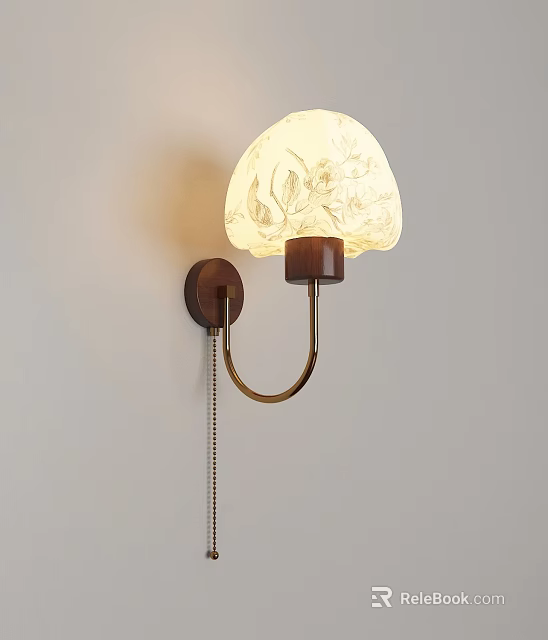 Modern Wall Light With Floral Patterned Glass Shade Brass Arm And Wooden Base 3d model 