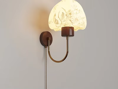Modern Wall Light With Floral Patterned Glass Shade Brass Arm And Wooden Base 3d model