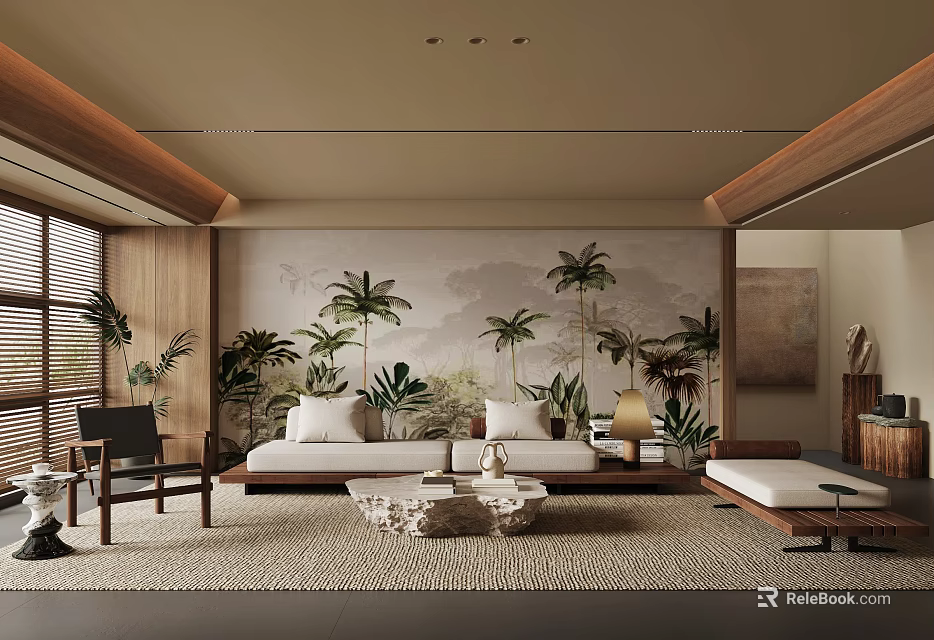 Elegant Modern Living Room With Palm Tree Mural Wooden Furniture Beige Sofa Rug Coffee Table 3d model 