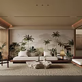 Elegant Modern Living Room With Palm Tree Mural Wooden Furniture Beige Sofa Rug Coffee Table
