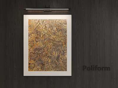 Brown Gold Textured Oil Painting In White Frame On Dark Wooden Wall With Light 3d model