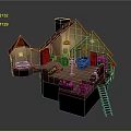 Cartoon Cottage Interior Scene With Cozy Furniture Staircase And Decorative Plants