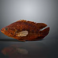 Red Aquatic Fish with Brown Stripes Fins and Tail on Gray Background with Reflection