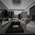 Modern Open Living Dining Room Interior With White Sofas Black Coffee Table TV And Chandelier