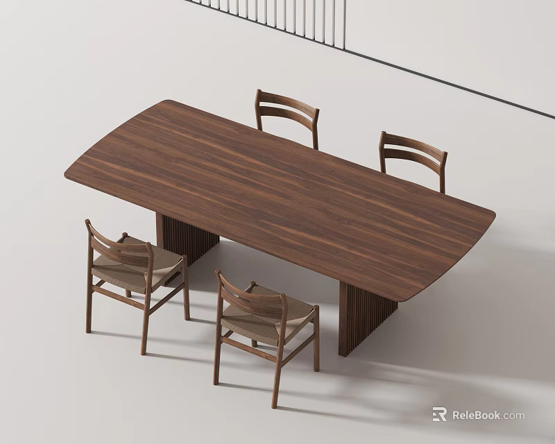 Modern Wooden Dining Table Set With Four Matching Chairs And Rectangular Walnut Surface 3d model