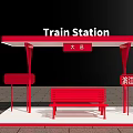Red Train Station Platform With Canopy Bench Telephone Booth And Sign