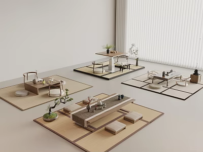 Japanese Style Tea Table And Chairs With Tatami Mats Plants And Window Blinds 3d model