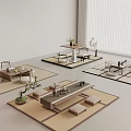 Japanese Style Tea Table And Chairs With Tatami Mats Plants And Window Blinds