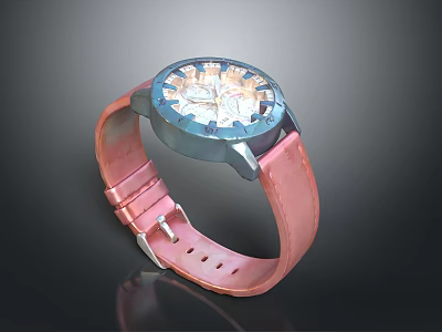 Stylish Wrist Watch With Blue Dial Gold Accents And Pink Leather Strap 3d model