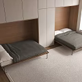 Modern Bedroom Interior With Two Beds Wooden Headboards Gray Bedding White Pillows And Window