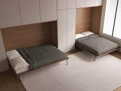 Modern Bedroom Interior With Two Beds Wooden Headboards Gray Bedding White Pillows And Window 3d model