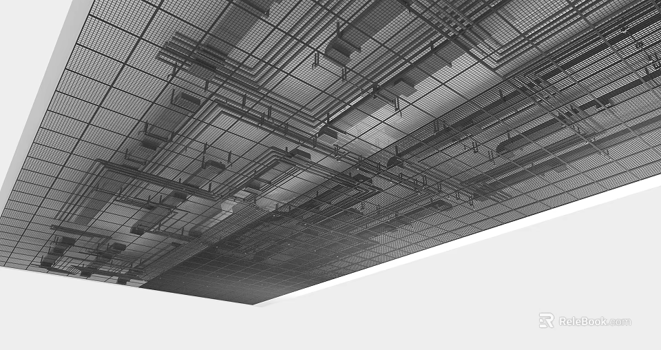 Industrial Ceiling With Interconnected Metal Pipes And Grid Structural Layout 3d model