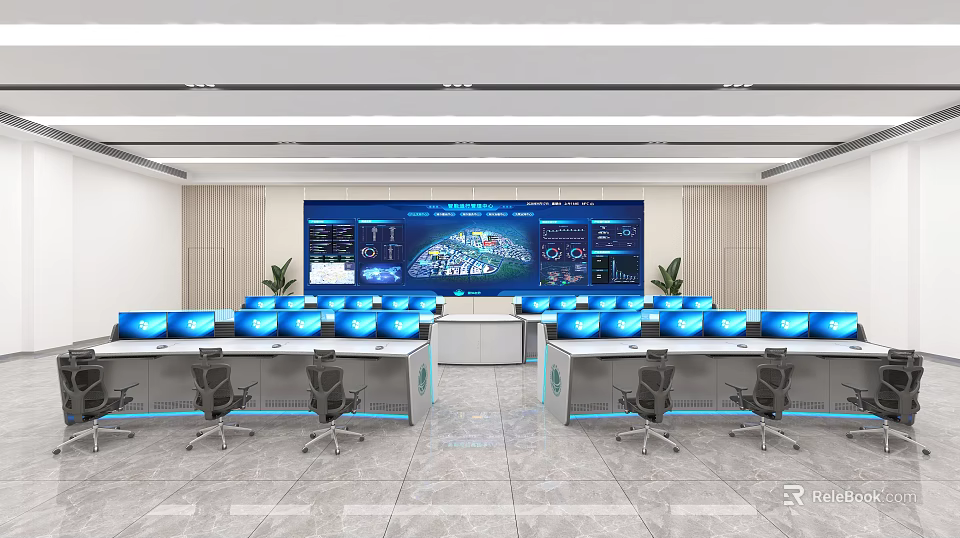 Modern Control Room Interior With Multiple Monitors Control Desks And Office Chairs 3d model 