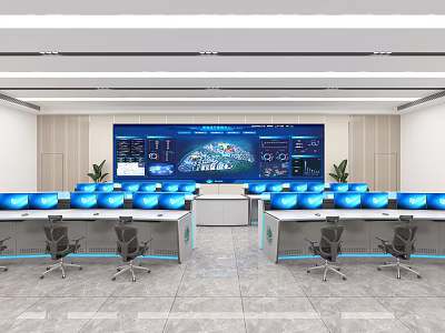 Modern Control Room Interior With Multiple Monitors Control Desks And Office Chairs 3d model
