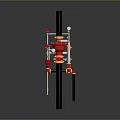 Industrial Equipment Structure Featuring Red Yellow Components And Black Pillar With Pipes