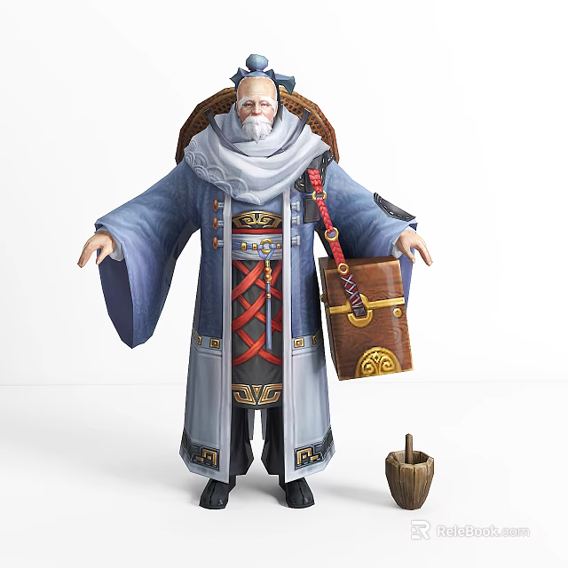 Elderly Game Character in Blue Robe With Basket Wooden Bucket and Broom 3d model 