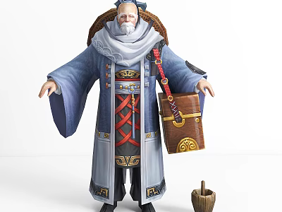 Elderly Game Character in Blue Robe With Basket Wooden Bucket and Broom 3d model