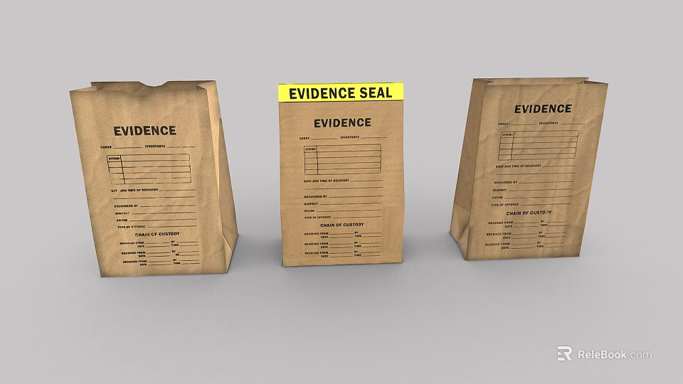 Three Brown Evidence Paper Bags With Labels And Yellow Seal Sticker 3d model 