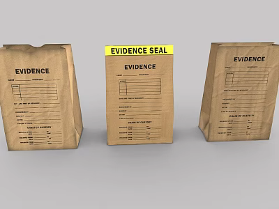 Three Brown Evidence Paper Bags With Labels And Yellow Seal Sticker 3d model