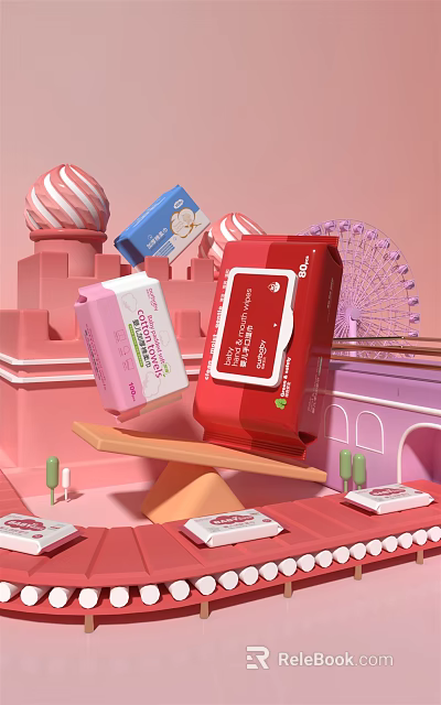 Colorful Moist Wipes Packages With Castle And Ferris Wheel In Pink Background 3d model 