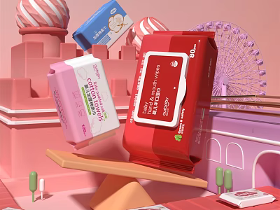 Colorful Moist Wipes Packages With Castle And Ferris Wheel In Pink Background 3d model
