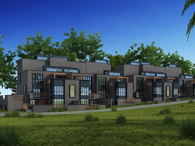 Modern Townhouses Exterior Design With Large Glass Windows Balconies And Green Landscaping 3d model