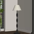 Modern Black Spiral Floor Lamp With Cream Lampshade Near Window Blinds And Green Plant