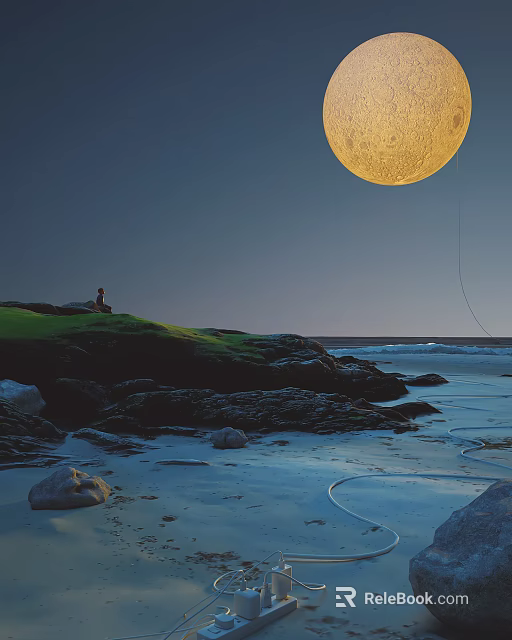 Night Garden Landscape With Full Moon Lush Grass And Stone Boulders 3d model 