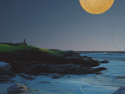 Night Garden Landscape With Full Moon Lush Grass And Stone Boulders 3d model