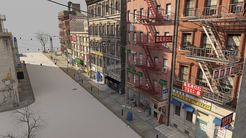 New York Urban Street Scene With Multi Story Buildings Red Fire Escapes And Store Signs 3d model 